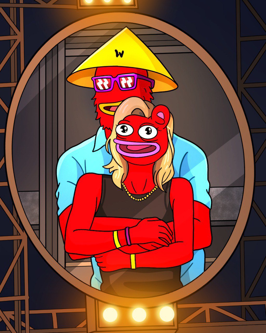 Two frog-like characters in a mirror on stage