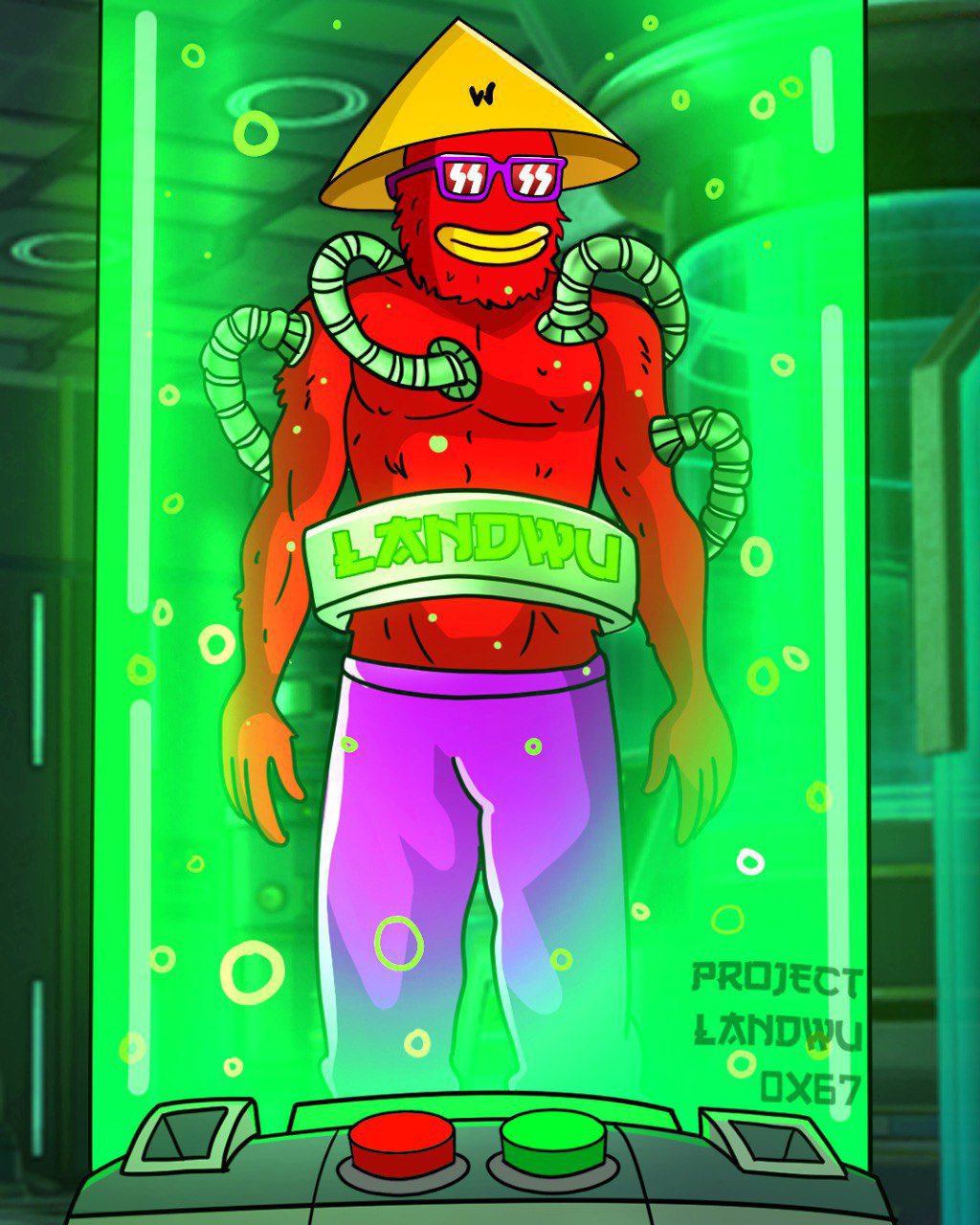Muscular frog-like character in a green glowing tube