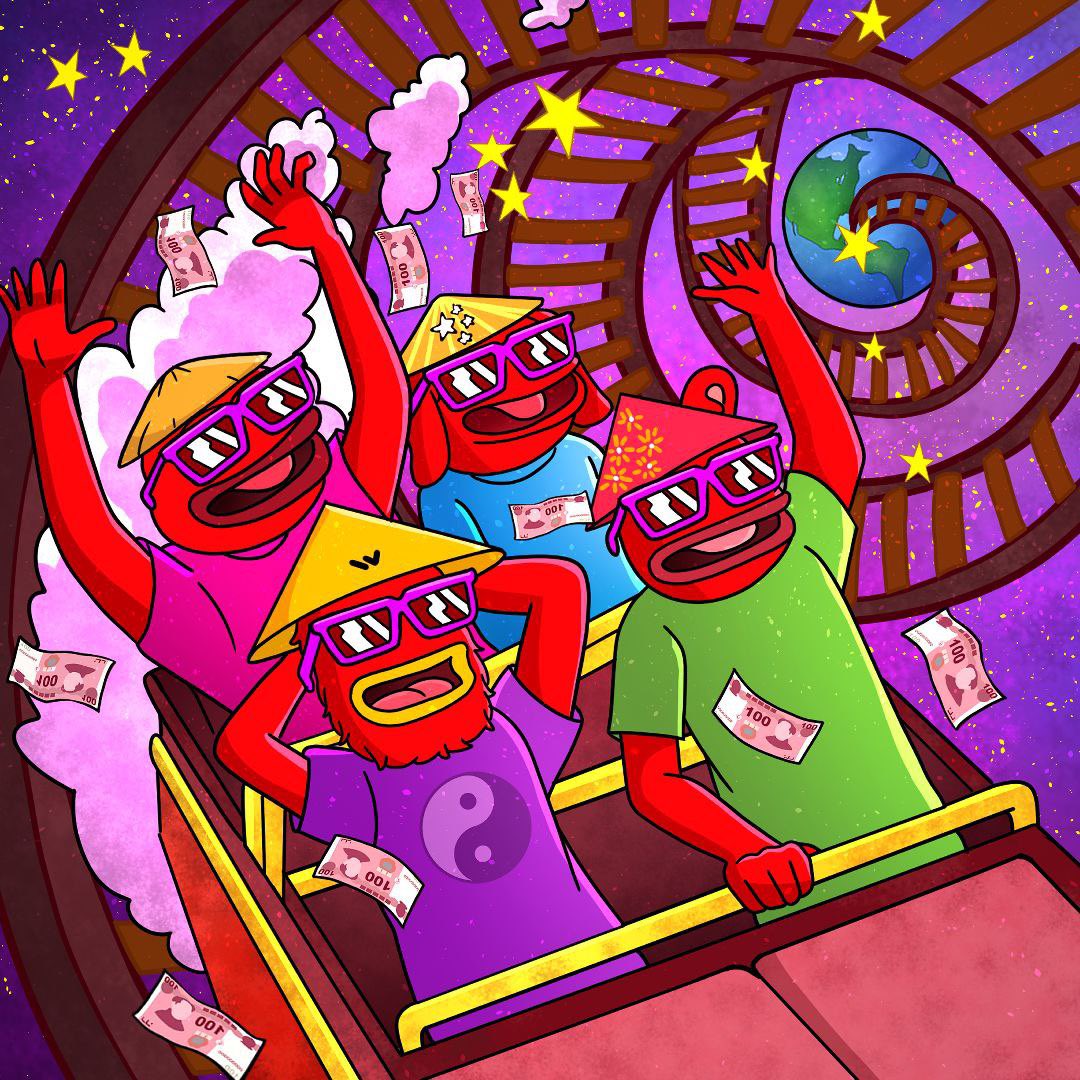 Four frog-like characters on a rollercoaster with money