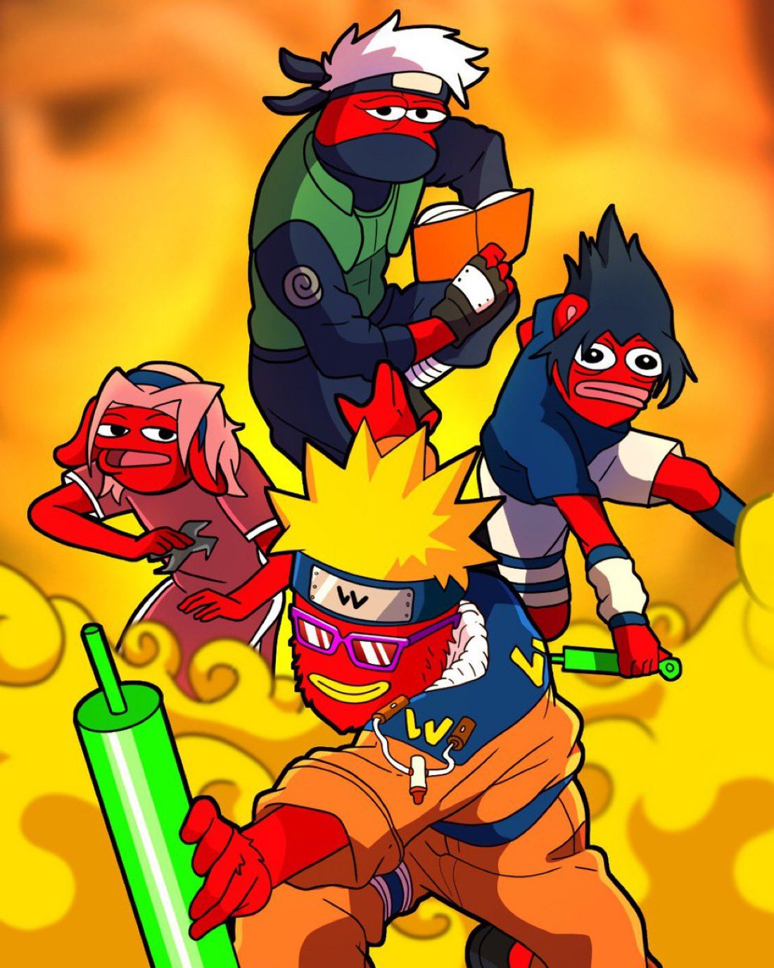 Four frog-like characters dressed as Naruto characters