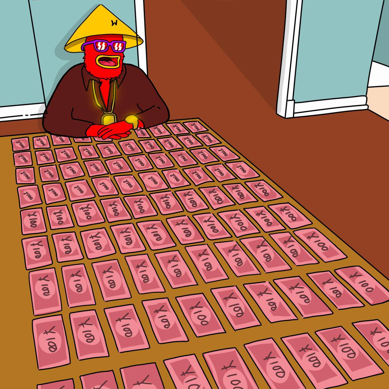 Frog-like character sitting at a table with money